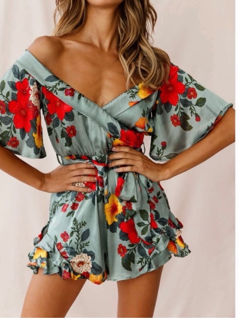 Floral Off-Shoulder Romper in Sage Green
